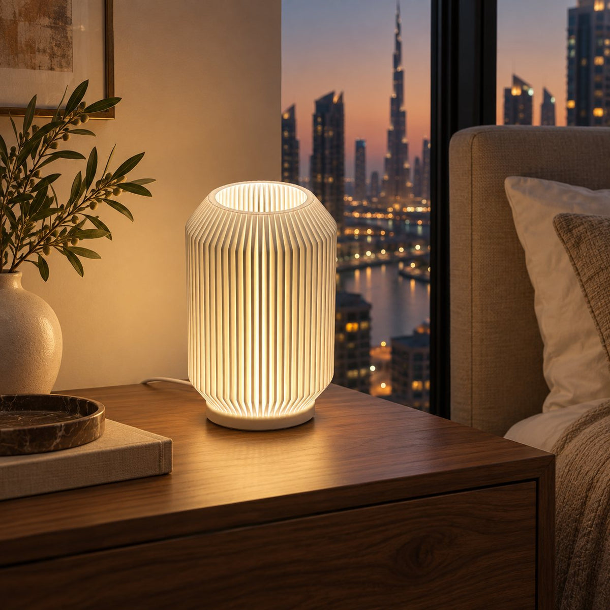 Ribelle Glow 3D printed bedside lamp on a Dubai bedroom side table