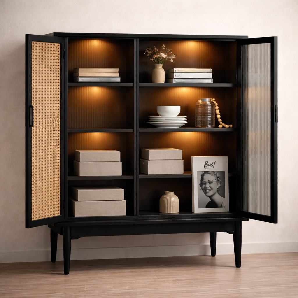 Rattan & Fluted Glass Storage Cabinet