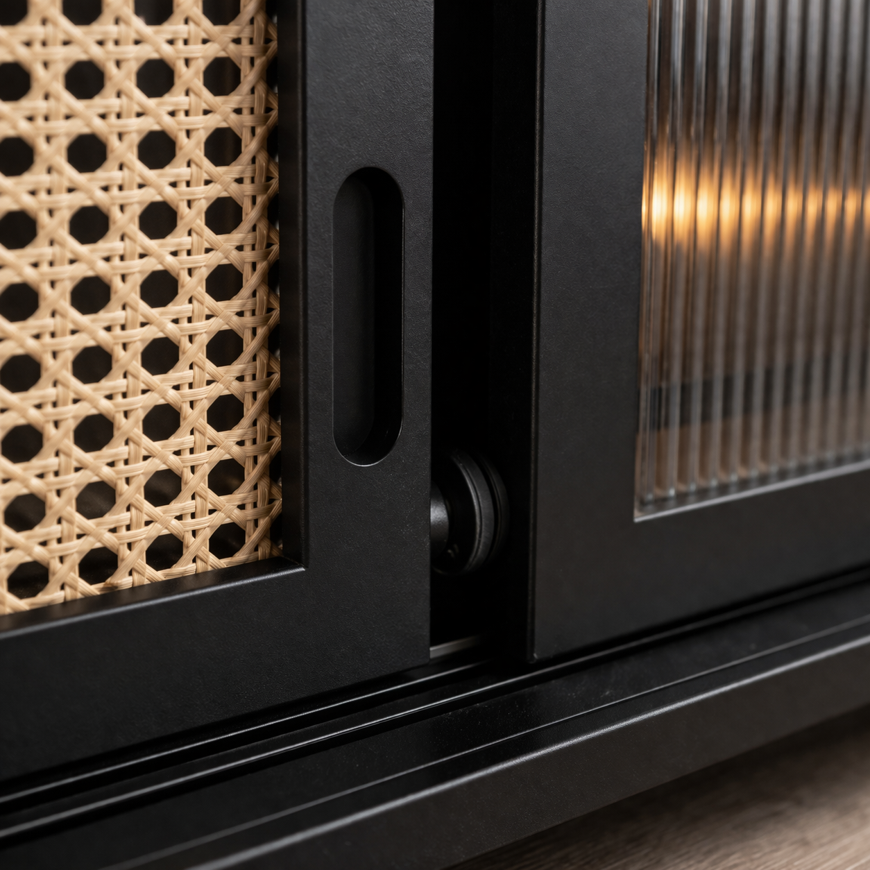 Rattan & Fluted Glass Storage Cabinet