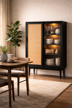 Rattan & Fluted Glass Storage Cabinet