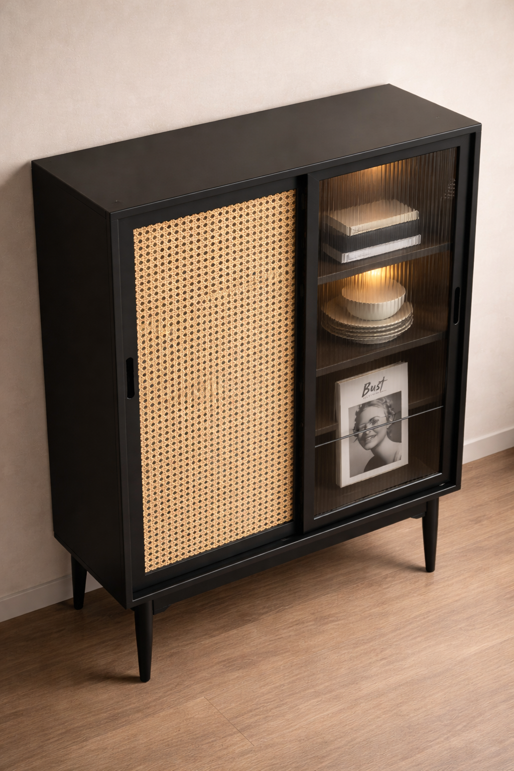 Rattan & Fluted Glass Storage Cabinet