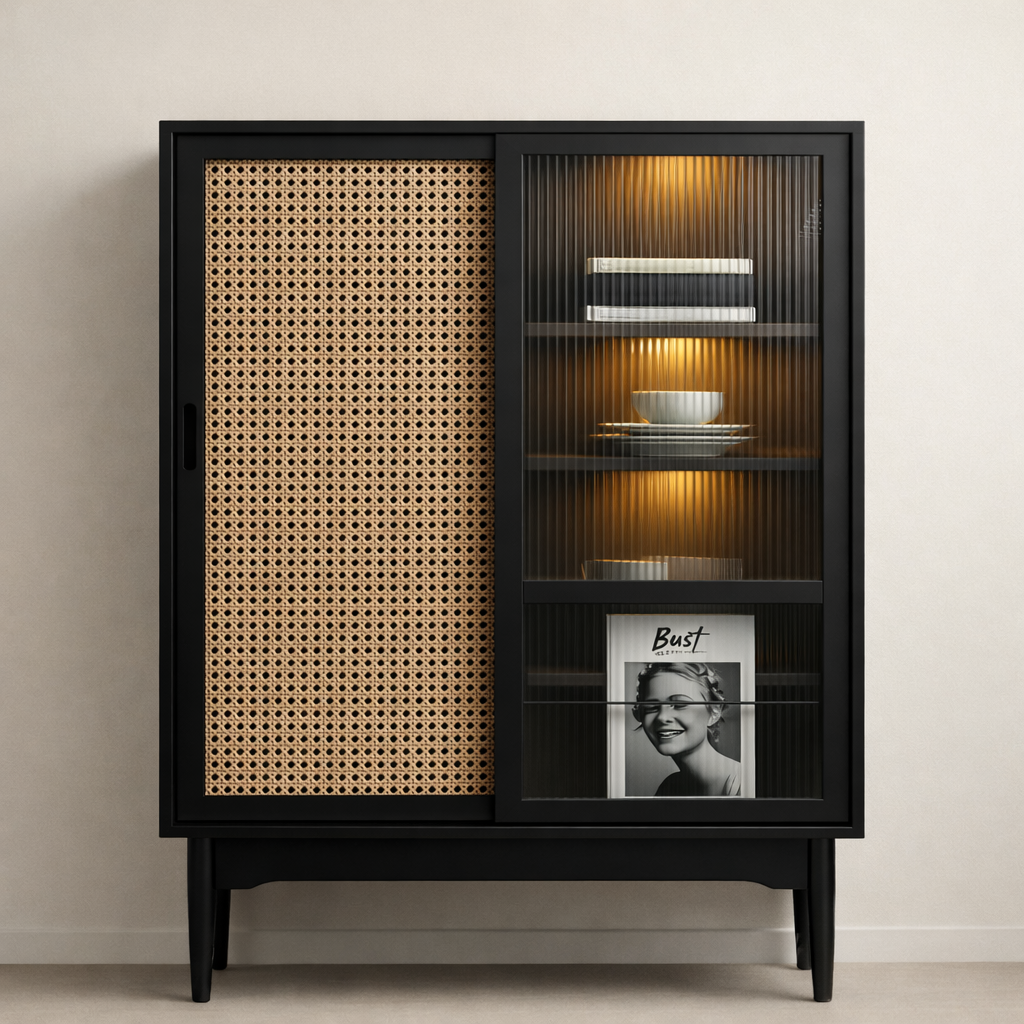 Rattan & Fluted Glass Storage Cabinet