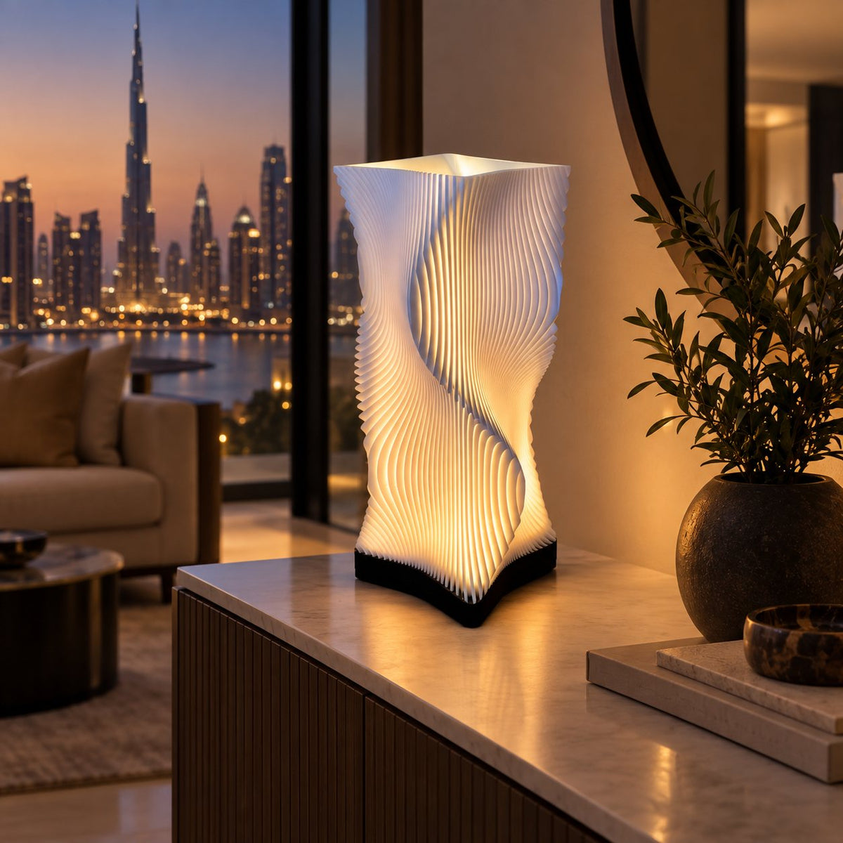 FluxWave 3D printed table lamp (22 cm) styled in a UAE home interior