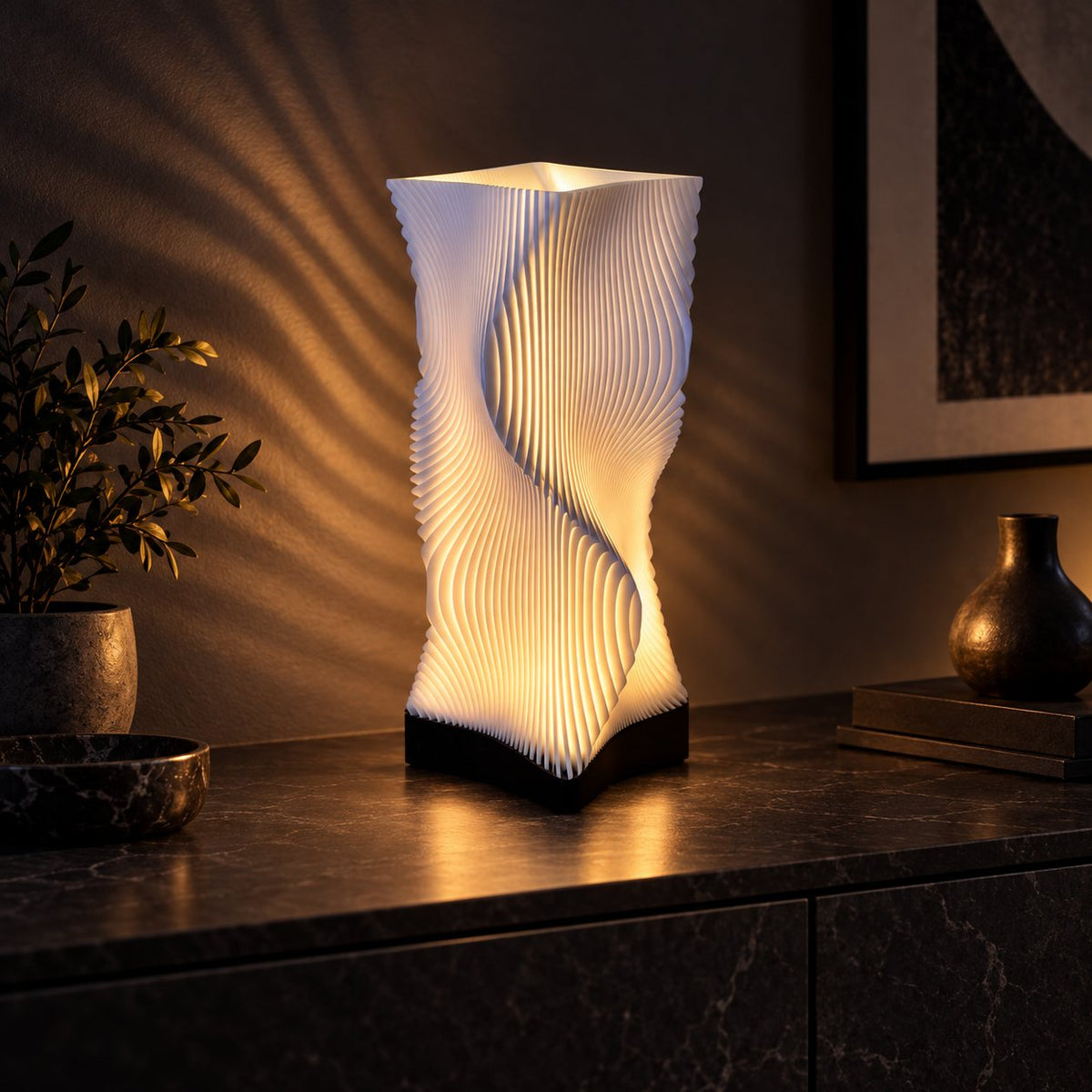 FluxWave 3D printed table lamp (22 cm) glowing warmly at night