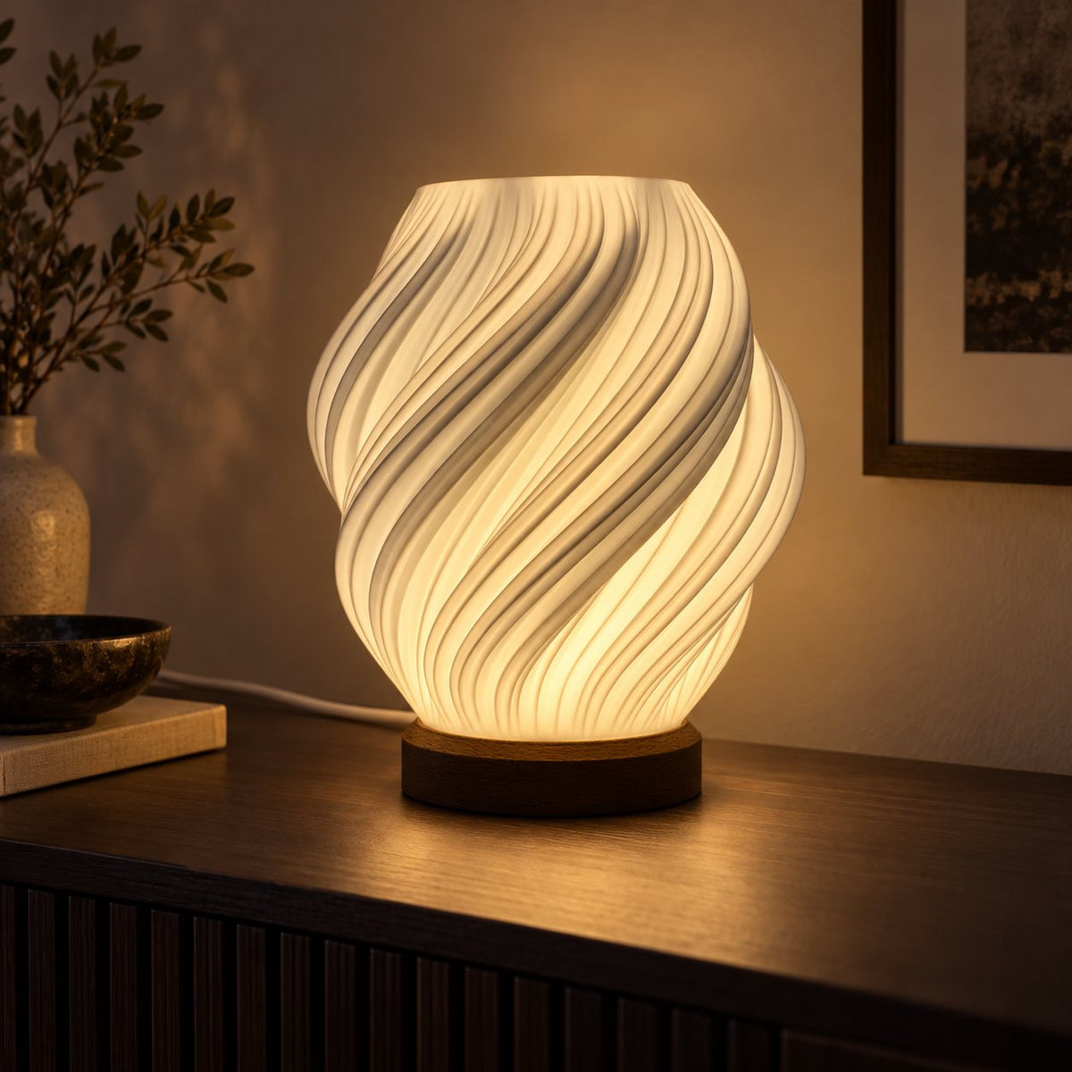 Fractal Bloom 3D printed table lamp (15 cm) glowing warmly at night