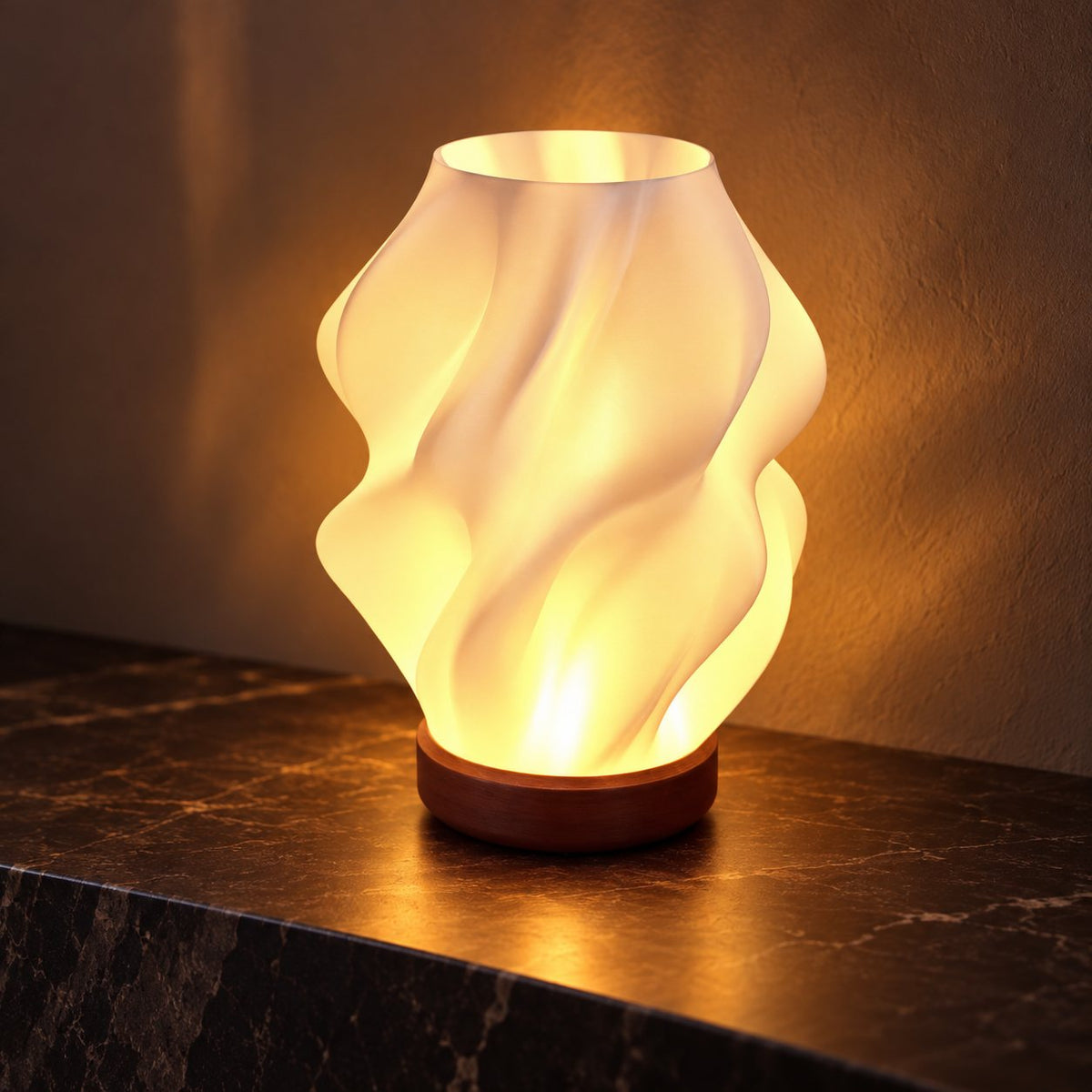 Halo Vase 3D printed table lamp (15 cm) glowing warmly at night