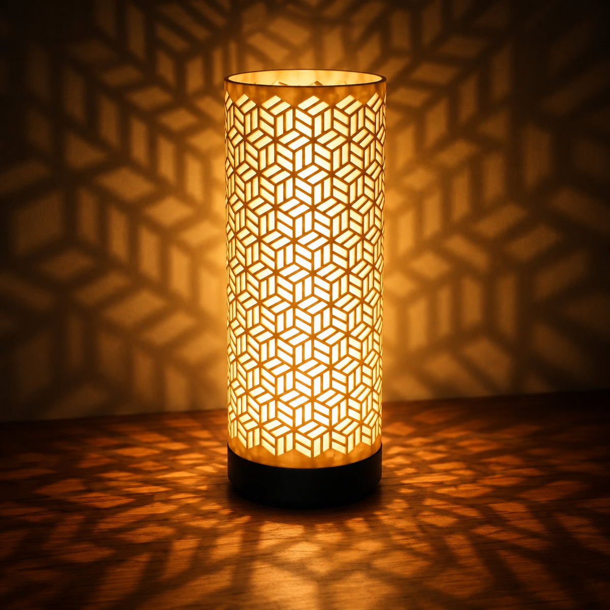 HexaLume 3D printed table lamp (22 cm) glowing warmly at night