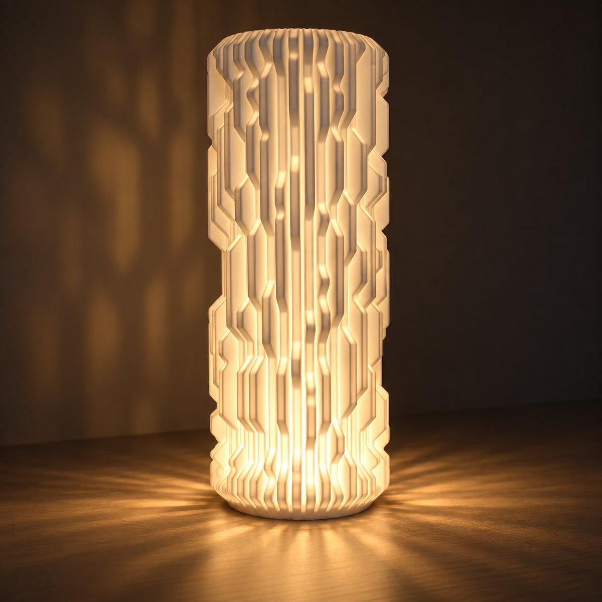 NeuraGlow 3D printed table lamp (18 cm) glowing warmly at night
