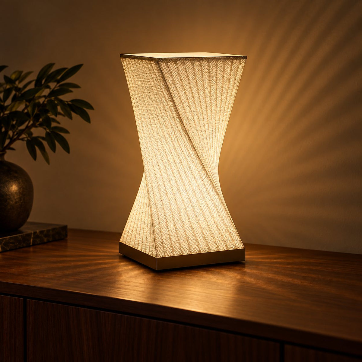 Twistora 3D printed table lamp (18 cm) glowing warmly at night